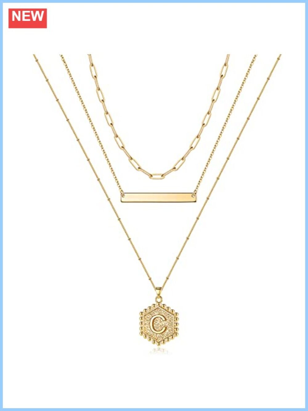 Layered Initial Necklaces Women 14K Gold Plated Bar Hexagon Pendant Beads Chain